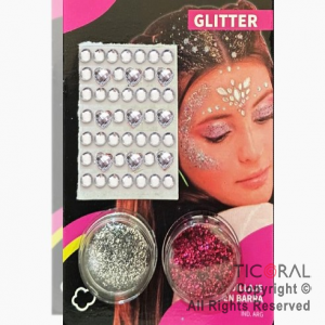 KIT MAQUILLAJE ARTISTICO GLITTER ROJO Y PLATA ( 4 GR) + STRASS